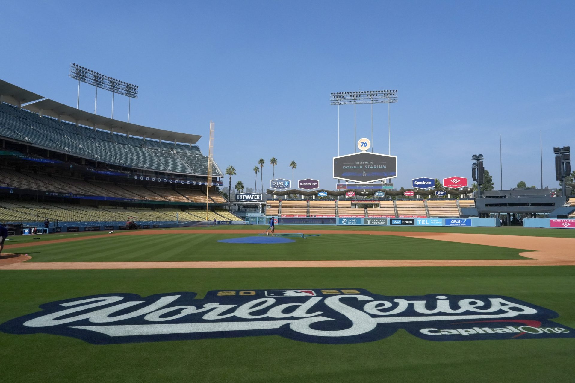 Oct 26, 2025; Los Angeles, California, USA; The 2025 World Series logo on the field at Dodger Stadium.