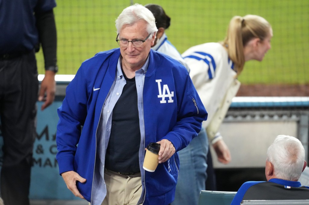 Oct 29, 2025; Los Angeles, California, USA; Los Angeles Dodgers co-owner Mark Walter looks on in the eighth inning between the Toronto Blue Jays and the Los Angeles Dodgers during game five of the 2025 MLB World Series at Dodger Stadium.