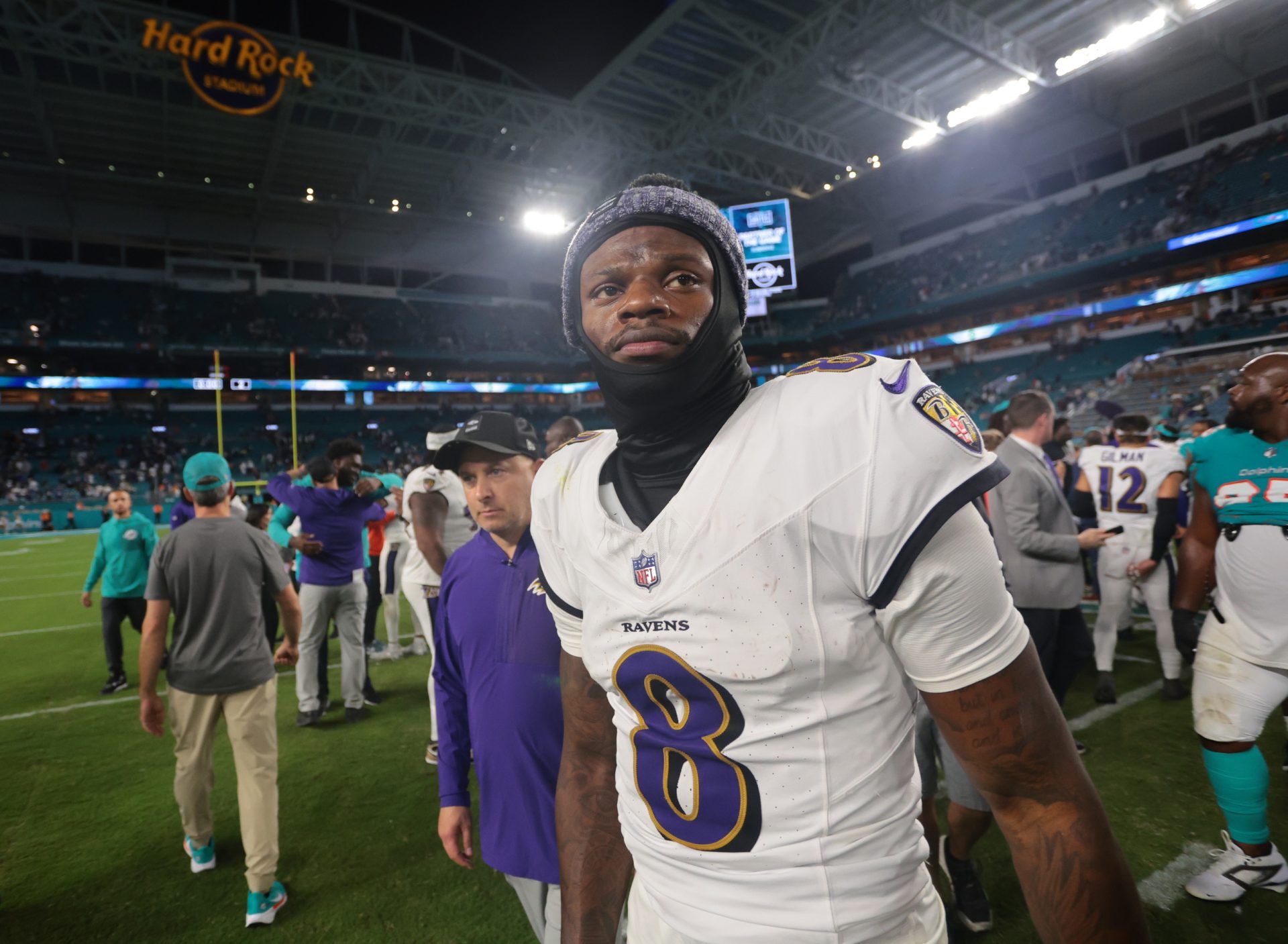 Oct 30, 2025; Miami Gardens, Florida, USA; Baltimore Ravens quarterback Lamar Jackson (8) walks off the field after a win over Miami Dolphins at Hard Rock Stadium.