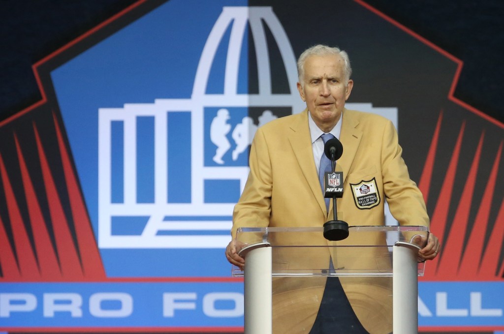 Aug 7, 2021; Canton, Ohio, USA; Class of 2020 member and former NFL commissioner Paul Tagliabue speaks during his Professional Football HOF enshrinement ceremonies at Tom Benson Hall of Fame Stadium.