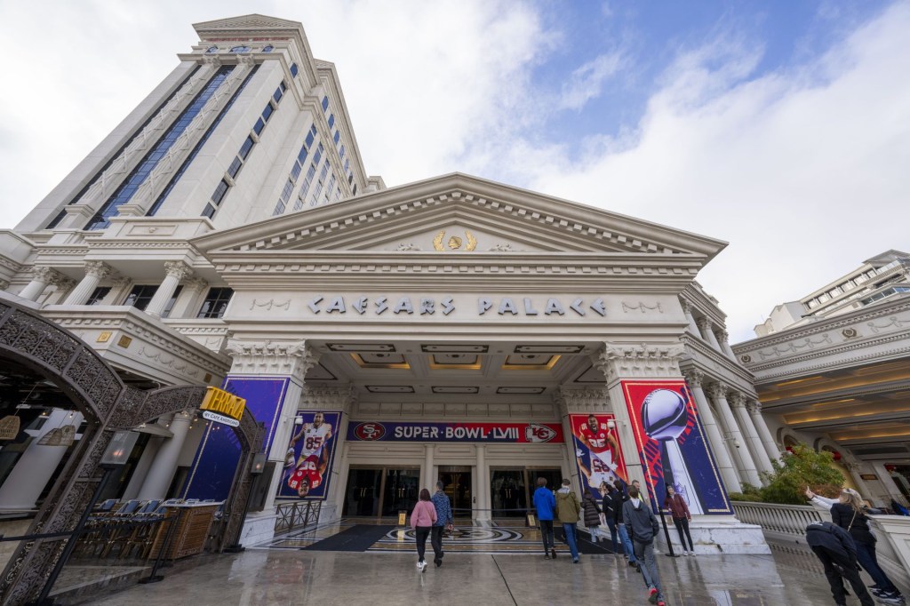 February 6, 2024; Las Vegas, NV, USA; Super Bowl LVIII signage at Caesars Palace.