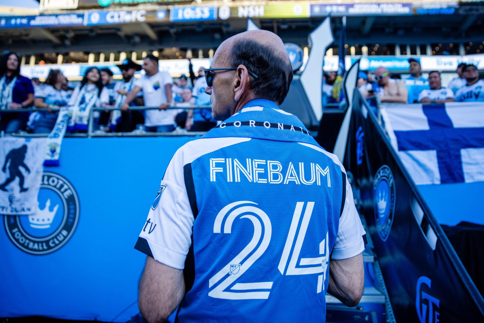 May 11, 2024; Charlotte, North Carolina, USA; Paul Finebaum waits to get crowned at the Charlotte FC match against the Nashville SC at Bank of America Stadium.