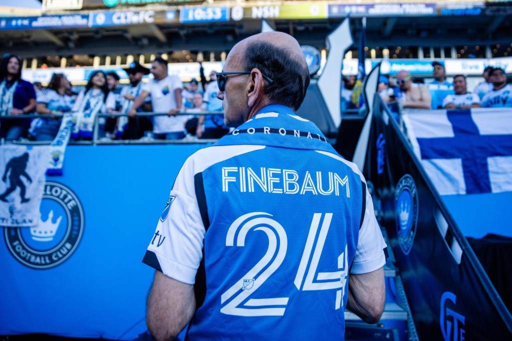 May 11, 2024; Charlotte, North Carolina, USA; Paul Finebaum waits to get crowned at the Charlotte FC match against the Nashville SC at Bank of America Stadium.