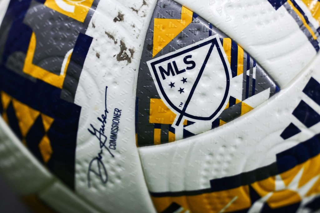 Sep 18, 2024; Nashville, Tennessee, USA; General view of the MLS logo on the side of a match ball in the match between Nashville SC and Chicago Fire at Geodis Park.
