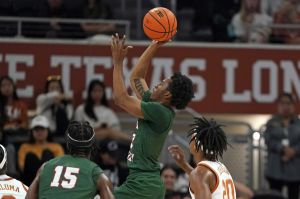 Nov 16, 2024; Austin, Texas, USA; Mississippi Valley State Delta Devils guard Donovan Sanders (3) shoots against the Texas Longhorns during the first half at Moody Center.