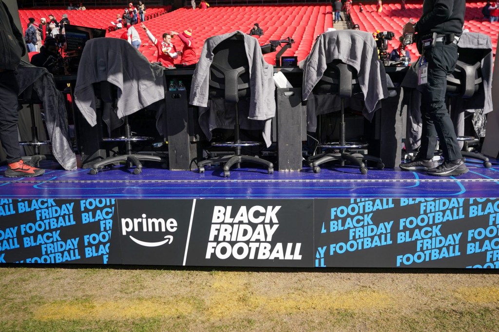 Nov 29, 2024; Kansas City, Missouri, USA; A general view of the Amazon Black Friday logo on stage prior to a game between the Kansas City Chiefs and Las Vegas Raiders at GEHA Field at Arrowhead Stadium.
