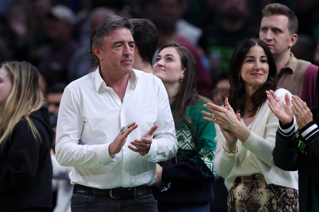 Mar 2, 2025; Boston, Massachusetts, USA; Boston Celtics majority owner Wyc Grousbeck cheers on the Celtics during the during the second half against the Denver Nuggets at TD Garden. Mandatory Credit: