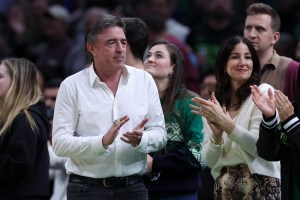 Mar 2, 2025; Boston, Massachusetts, USA; Boston Celtics majority owner Wyc Grousbeck cheers on the Celtics during the during the second half against the Denver Nuggets at TD Garden. Mandatory Credit:
