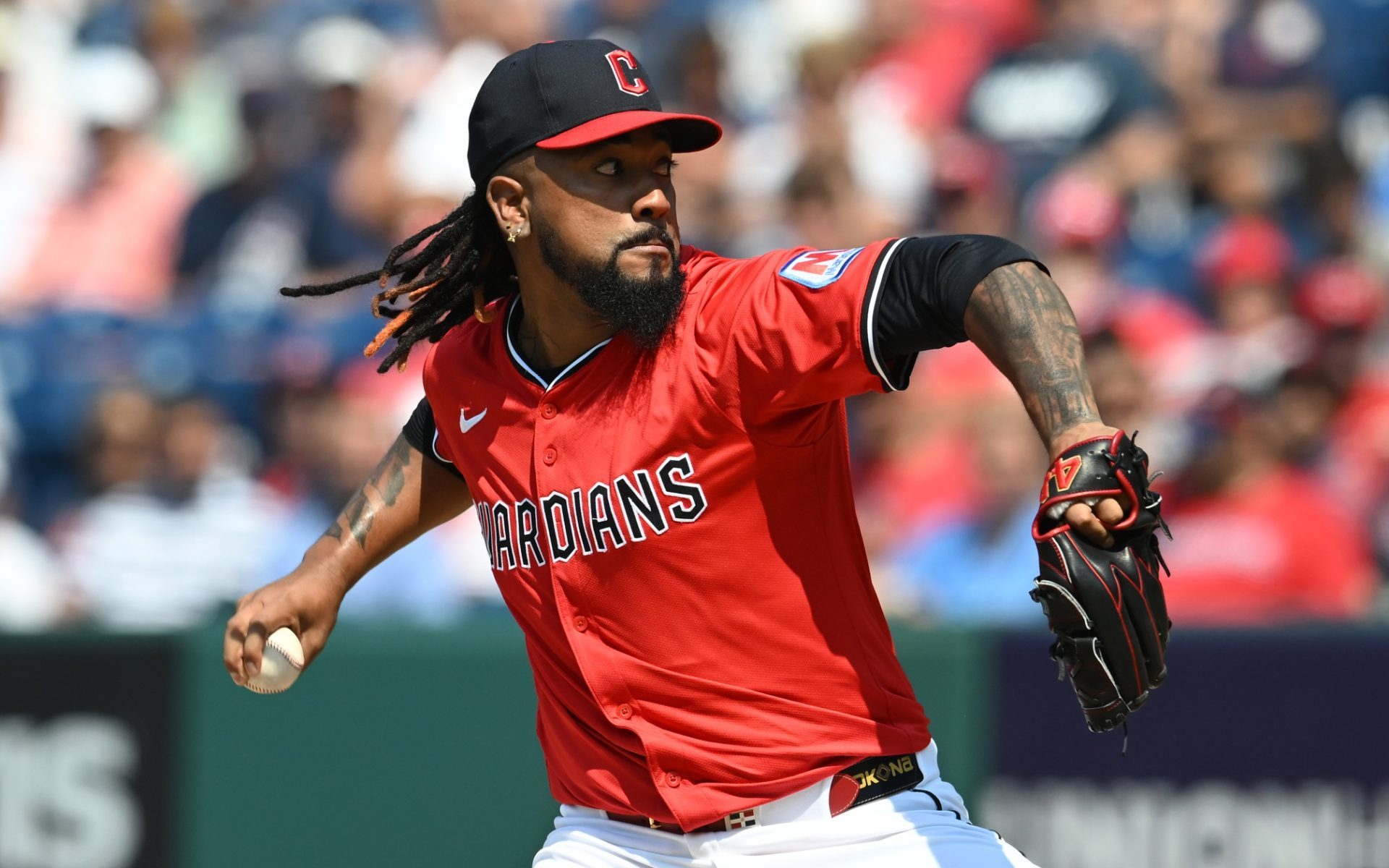 Jun 11, 2025; Cleveland, Ohio, USA; Cleveland Guardians relief pitcher Emmanuel Clase (48) throws a pitch during the ninth inning against the Cincinnati Reds at Progressive Field.