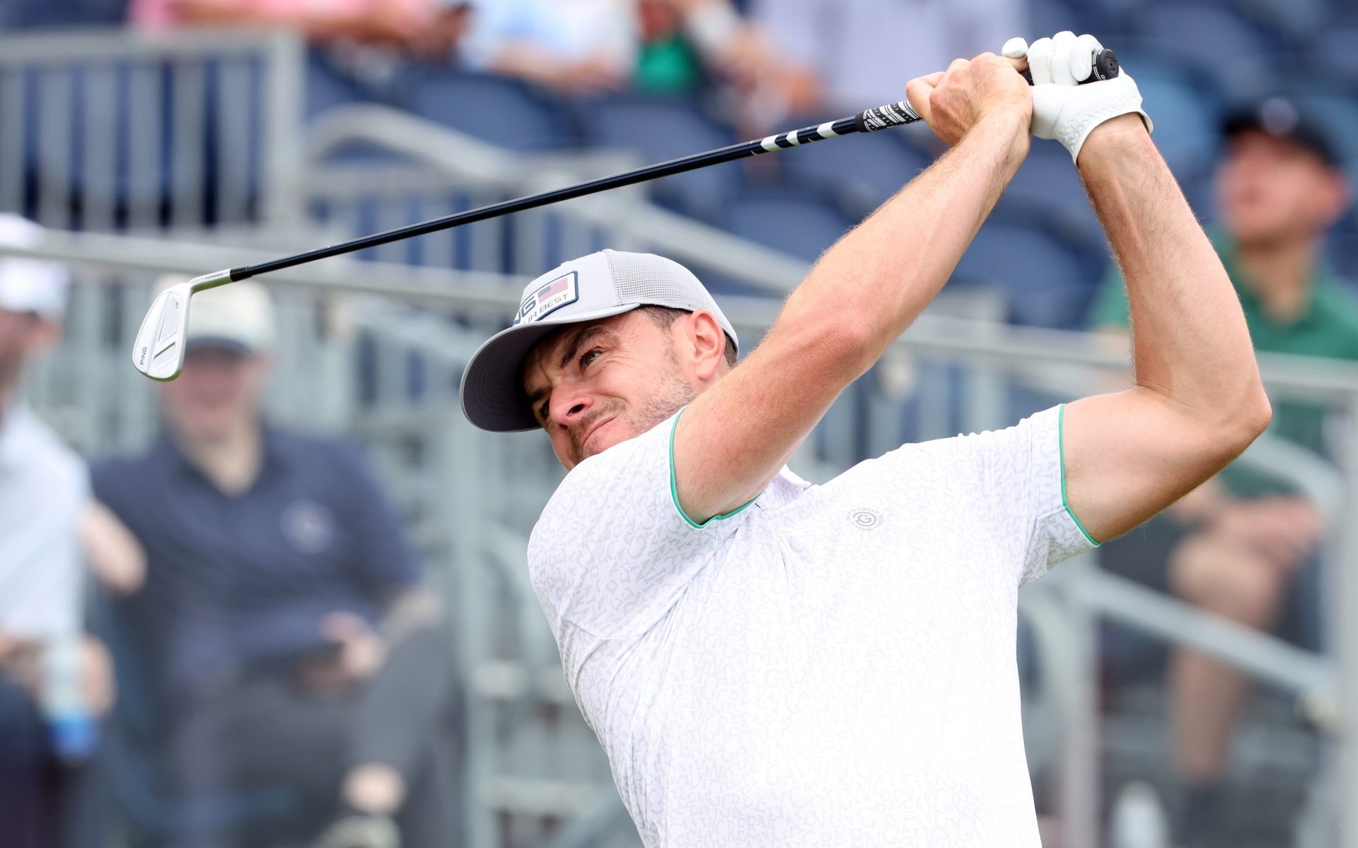 Jun 14, 2025; Oakmont, Pennsylvania, USA; Laurie Canter plays his shot from the tenth tee during the third round of the U.S. Open golf tournament.