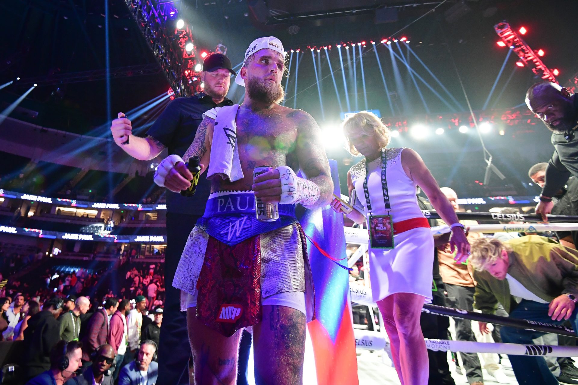 Jun 28, 2025; Anaheim, California, USA; Jake Paul leaves the ring following his victory against Julio Cesar Chavez Jr. at Honda Center.