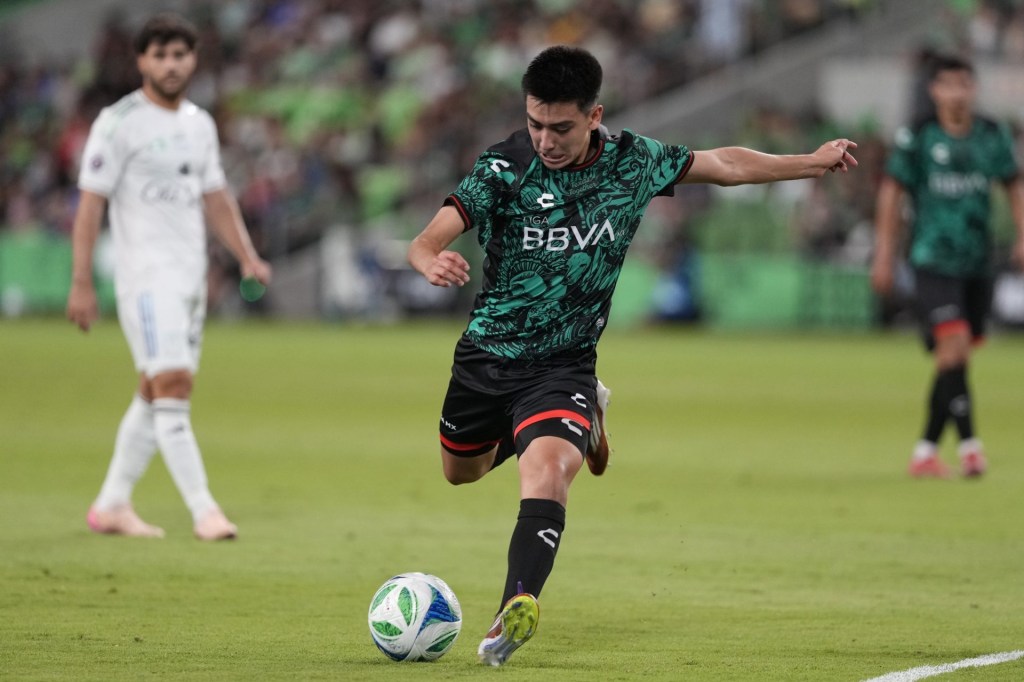Jul 23, 2025; Austin, Texas, USA; Liga MX All Stars midfielder Gilberto Mora (19) of Tijuana kicks the ball during the second half for the 2025 MLS All-Star Game at Q2 Stadium