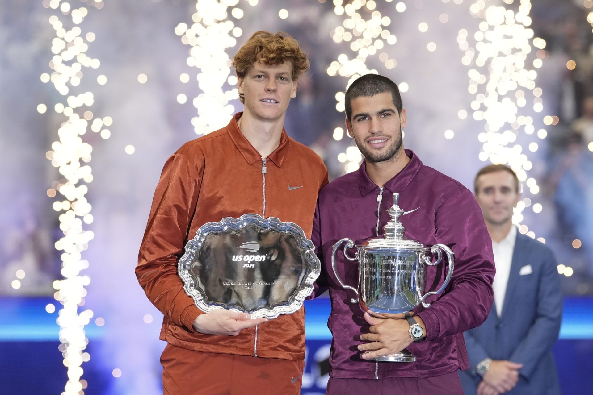 Sep 7, 2025; Flushing, NY, USA; Carlos Alcaraz (ESP) and Jannik Sinner (ITA) poses for a photo after the final of mens singles at Billie Jean King National Tennis Center