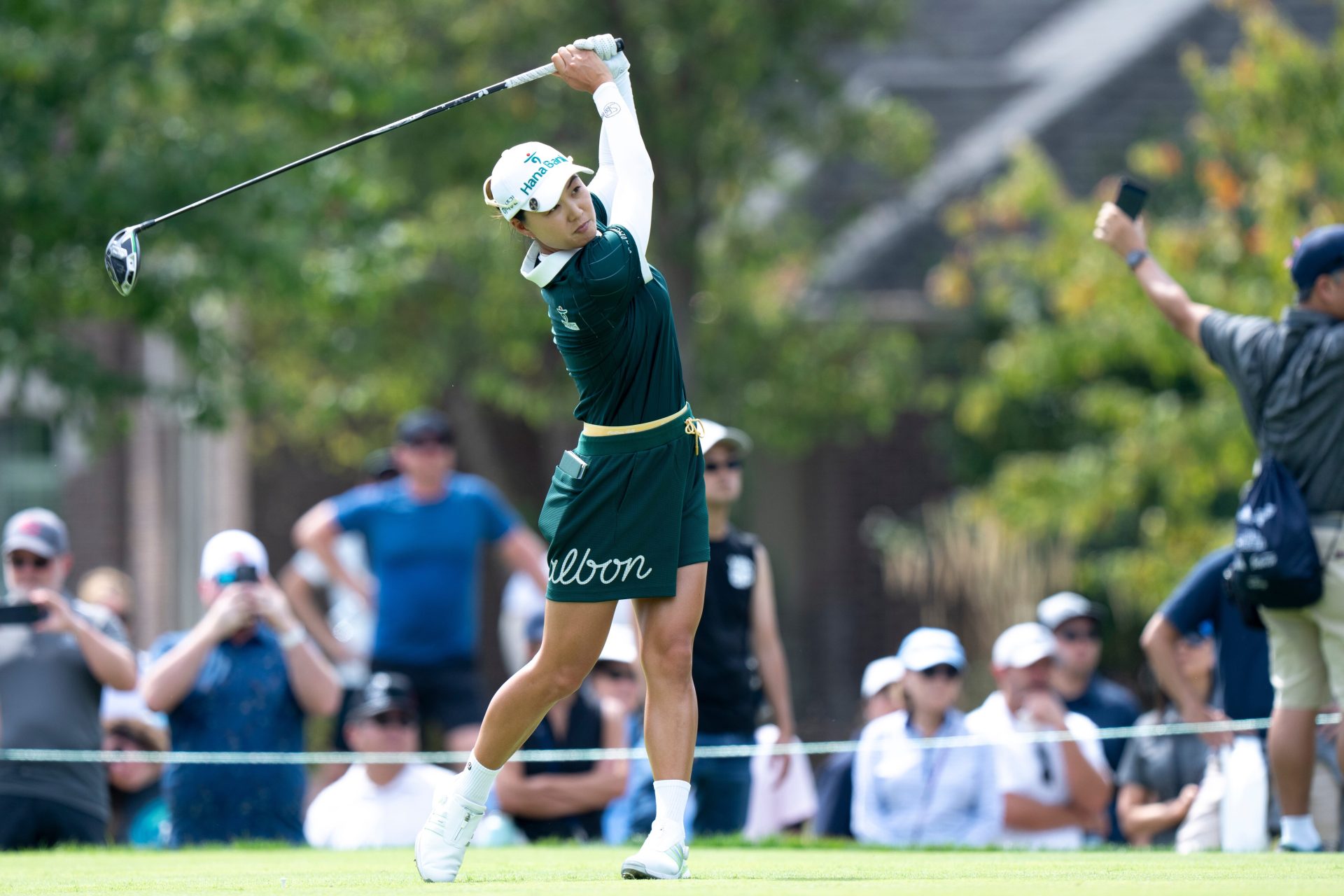 Minjee Lee, of Australia, tees off on hole 17 during the Queen City Classic Third Rounds on Sept. 13, 2025, at TPC River's Bend in Maineville, Ohio.