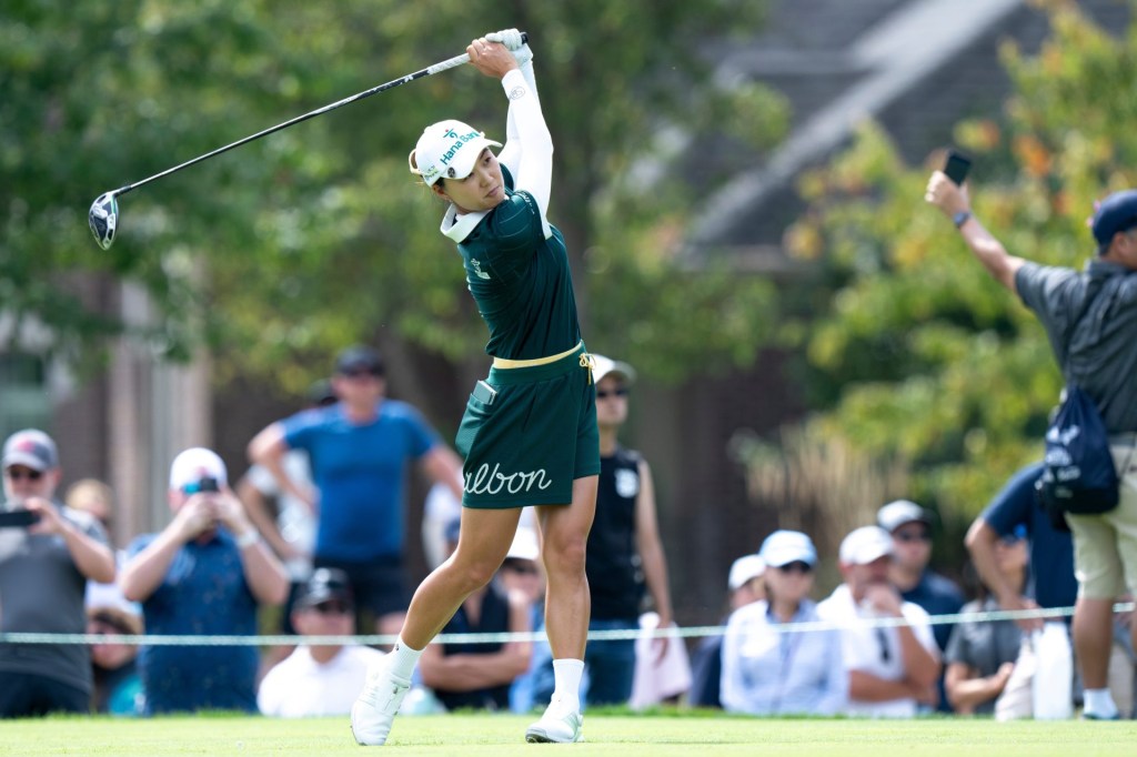 Minjee Lee, of Australia, tees off on hole 17 during the Queen City Classic Third Rounds on Sept. 13, 2025, at TPC River's Bend in Maineville, Ohio.