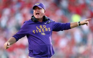 Sep 27, 2025; Oxford, Mississippi, USA; LSU Tigers head coach Brian Kelly reacts during the fourth quarter against the Mississippi Rebels at Vaught-Hemingway Stadium.