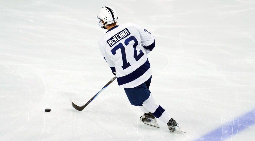 Oct 3, 2025; Tempe, AZ, USA; Penn State Nittany Lions forward Gavin McKenna (72) warms up before the game against the Arizona State Sun Devils at Mullett Arena