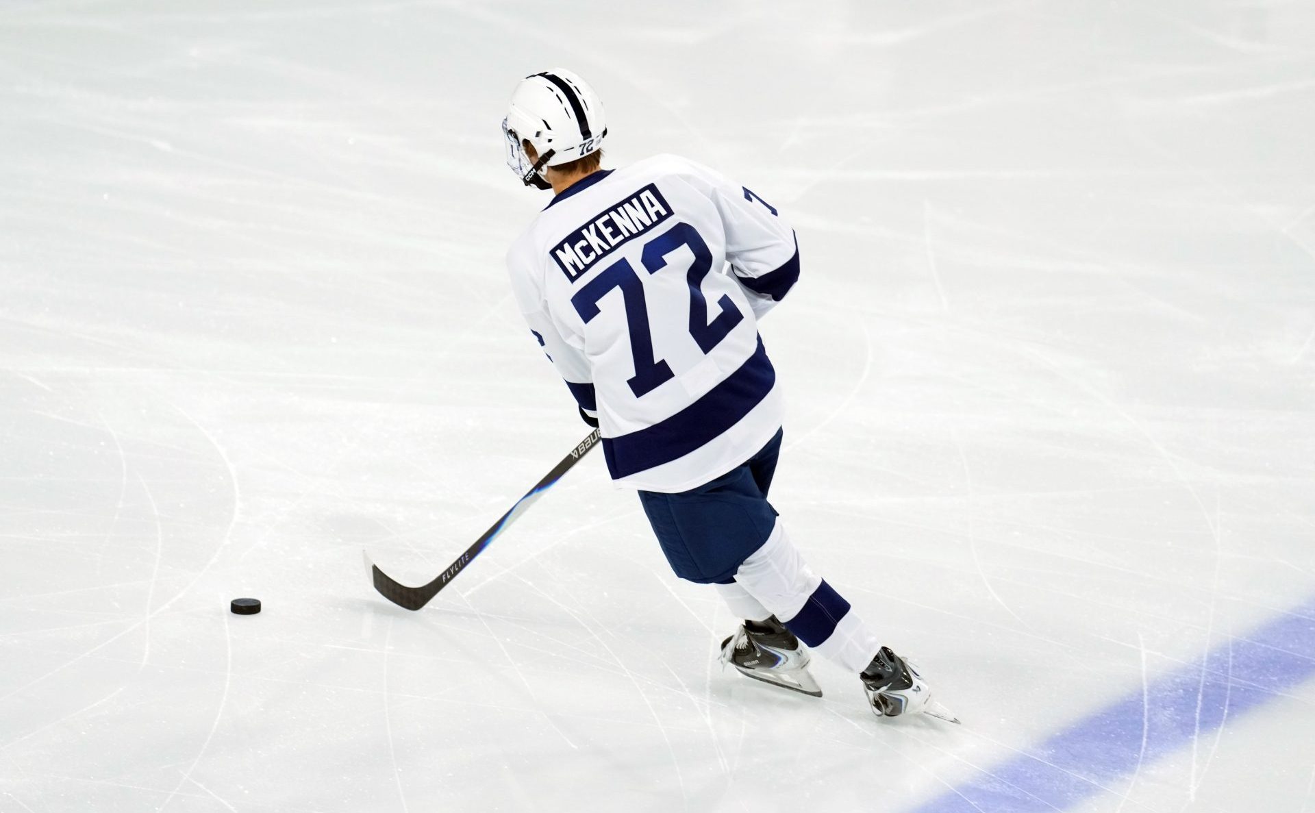 Oct 3, 2025; Tempe, AZ, USA; Penn State Nittany Lions forward Gavin McKenna (72) warms up before the game against the Arizona State Sun Devils at Mullett Arena