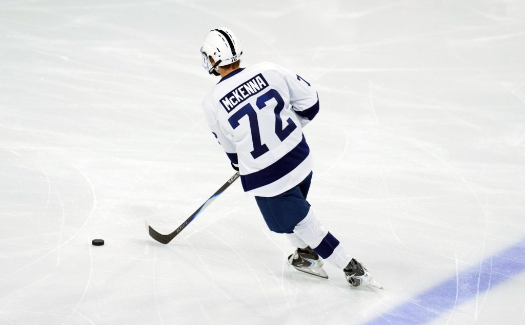 Oct 3, 2025; Tempe, AZ, USA; Penn State Nittany Lions forward Gavin McKenna (72) warms up before the game against the Arizona State Sun Devils at Mullett Arena