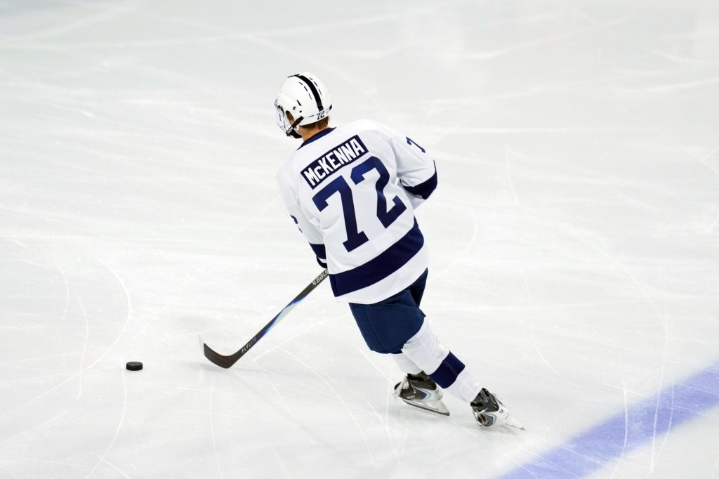Oct 3, 2025; Tempe, AZ, USA; Penn State Nittany Lions forward Gavin McKenna (72) warms up before the game against the Arizona State Sun Devils at Mullett Arena