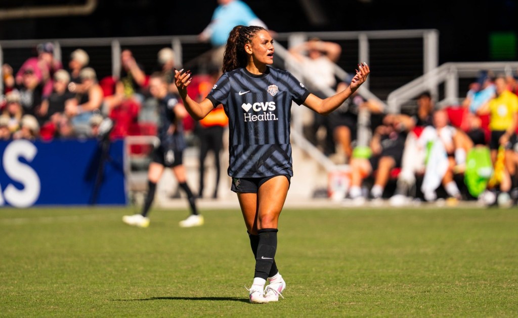 Oct 5, 2025; Washington, District of Columbia, USA; Washington Spirit forward Trinity Rodman (2) reacts to a call in the second half against San Diego Wave FC at Audi Field