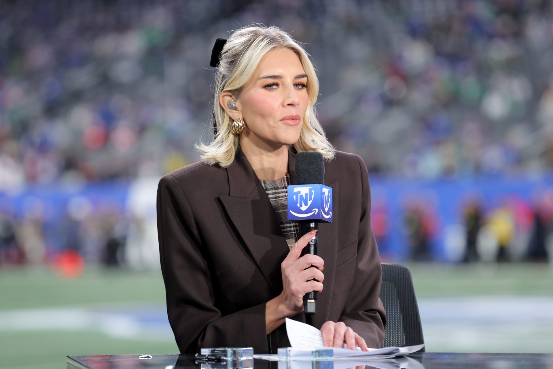 Oct 9, 2025; East Rutherford, New Jersey, USA; Charissa Thompson hosts the Thursday Night Football pregame show before the game between the New York Giants and the Philadelphia Eagles at MetLife Stadium.