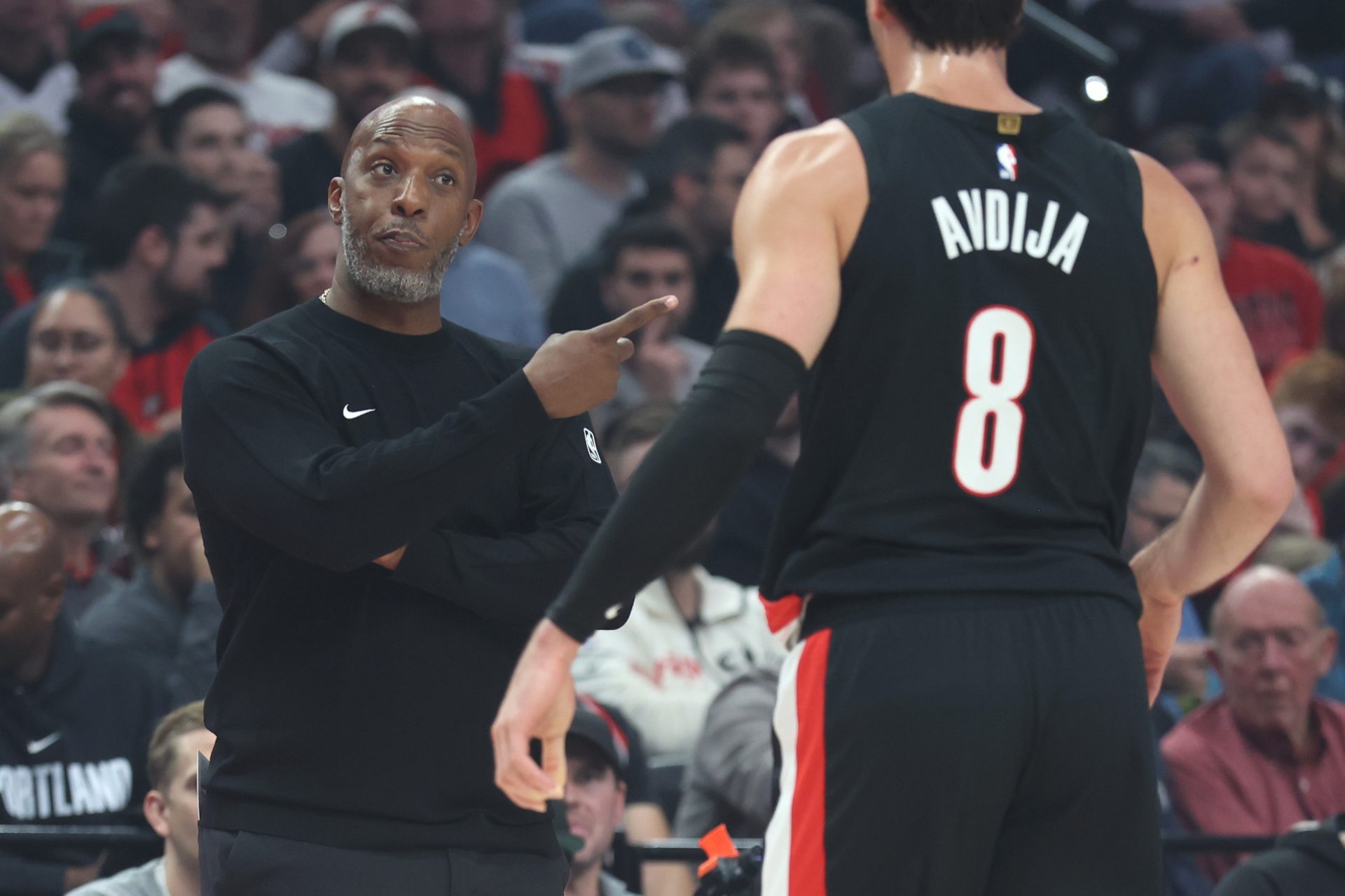 Oct 22, 2025; Portland, Oregon, USA; Portland Trail Blazers head coach Chauncey Billups talks with Portland Trail Blazers forward Deni Avdija (8) in a game against the Minnesota Timberwolves at Moda Center