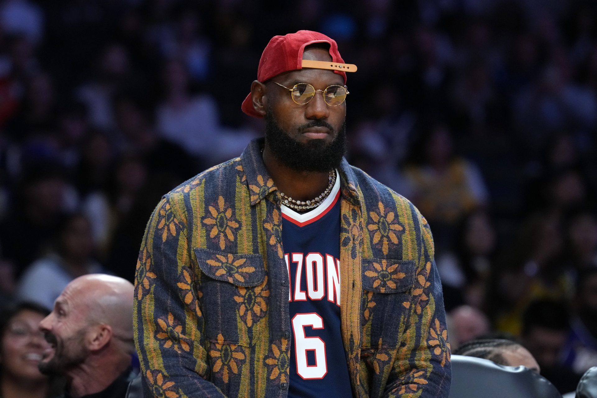 Oct 24, 2025; Los Angeles, California, USA; Los Angeles Lakers forward LeBron James wears the Arizona Wildcats jersey of his son Bryce James (6) during the game against the Minnesota Timberwolves at Crypto.com Arena.