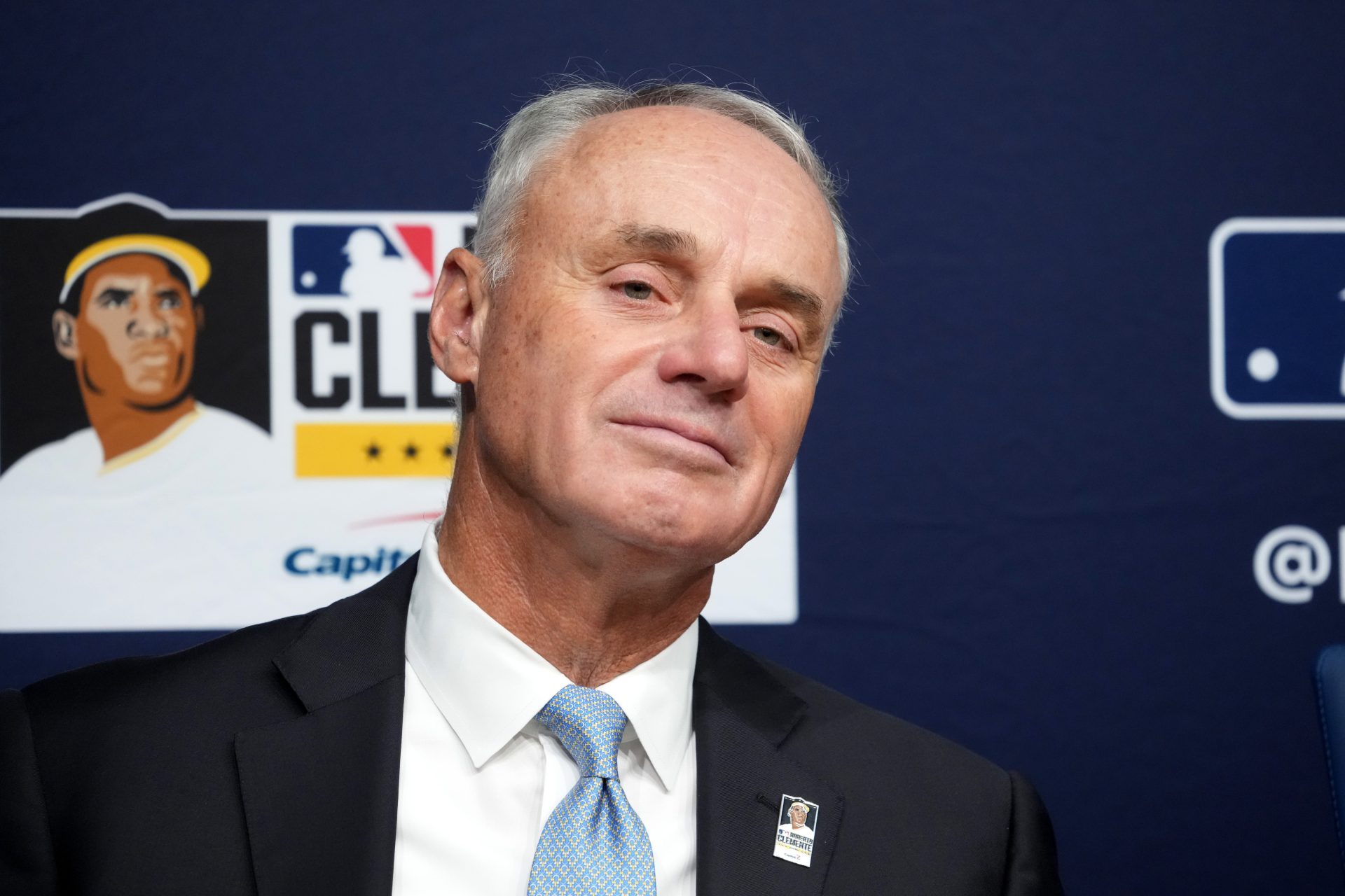 Oct 27, 2025; Los Angeles, California, USA; Major League Baseball commissioner Rob Manfred before game three of the 2025 MLB World Series between the Toronto Blue Jays and Los Angeles Dodgers at Dodger Stadium.