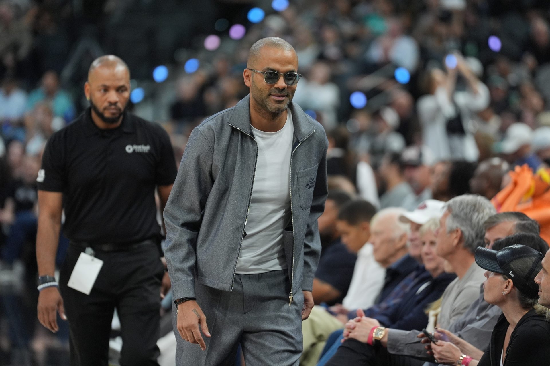 Oct 27, 2025; San Antonio, Texas, USA; Former San Antonio Spurs guard Tony Parker at the game against the Toronto Raptors at Frost Bank Center.