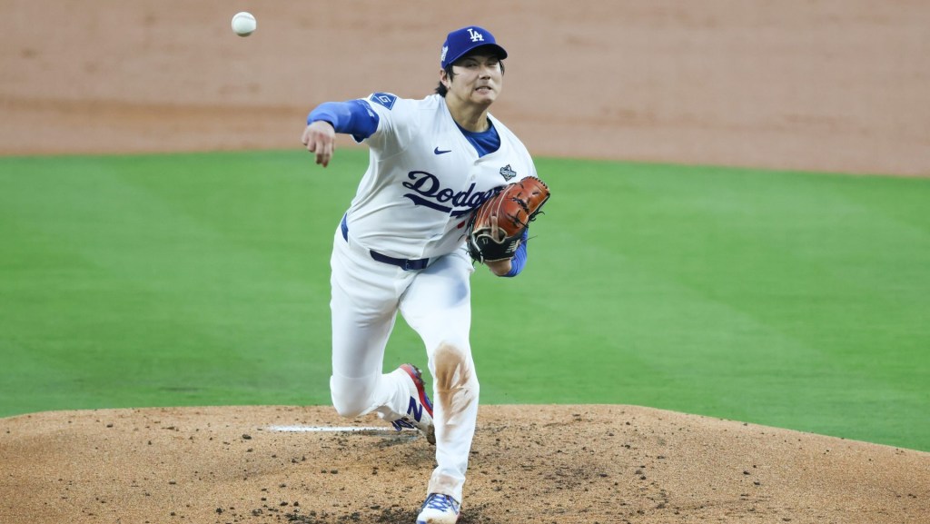 Oct 28, 2025; Los Angeles, California, USA; Los Angeles Dodgers two-way player Shohei Ohtani (17) pitches during the second inning against the Toronto Blue Jays during game four of the 2025 MLB World Series at Dodger Stadium.