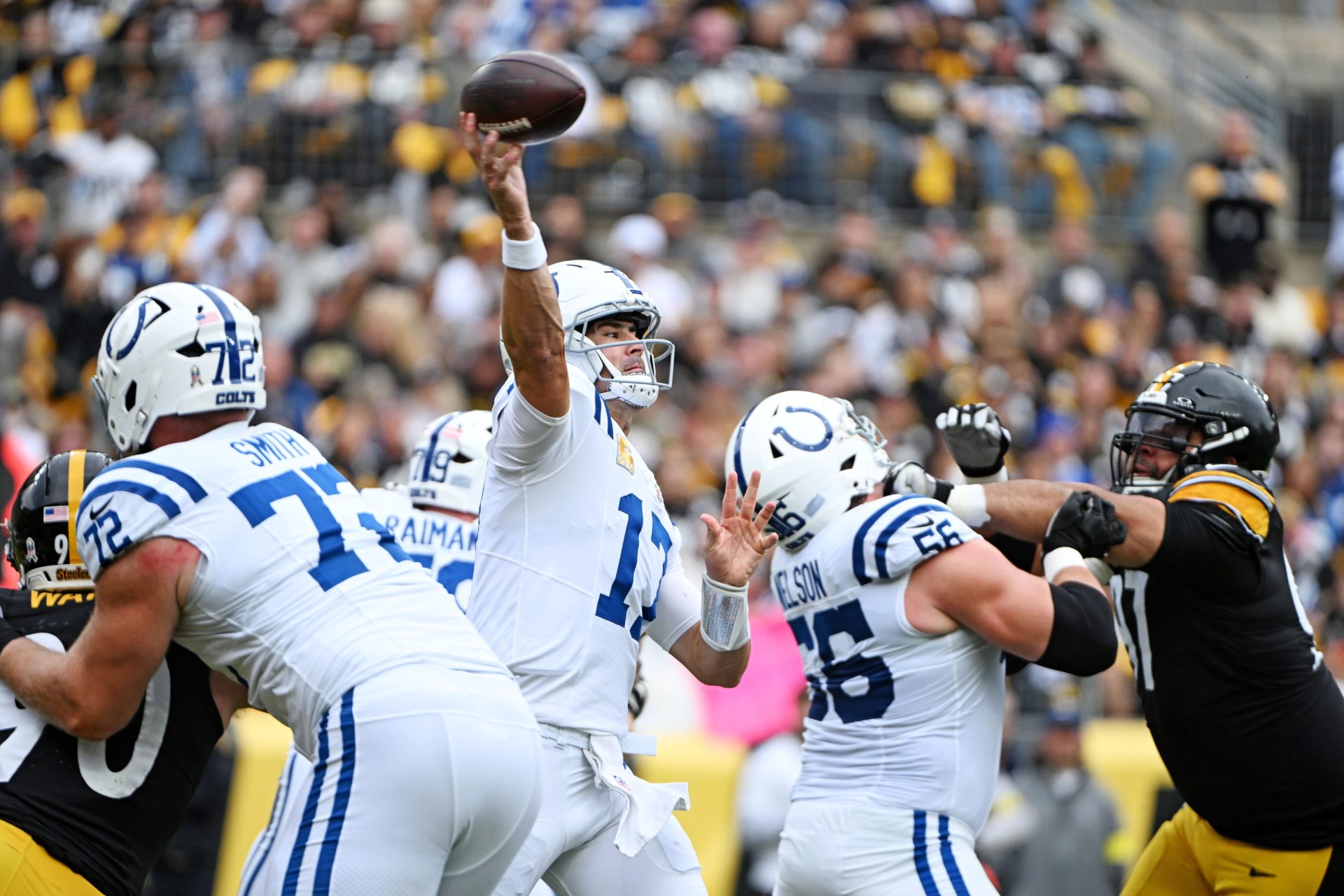 Nov 2, 2025; Pittsburgh, Pennsylvania, USA; Indianapolis Colts quarterback Daniel Jones (17) throws a pass during the first half against the Pittsburgh Steelers at Acrisure Stadium.
