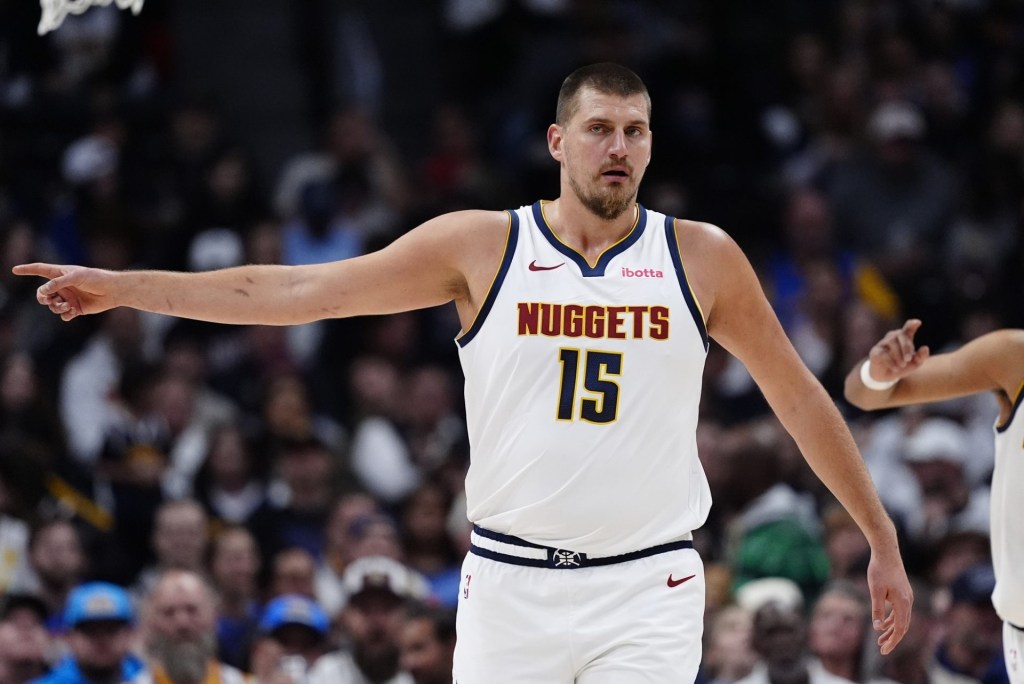 Nov 5, 2025; Denver, Colorado, USA; Denver Nuggets center Nikola Jokic (15) during the first quarter against the Miami Heat at Ball Arena.