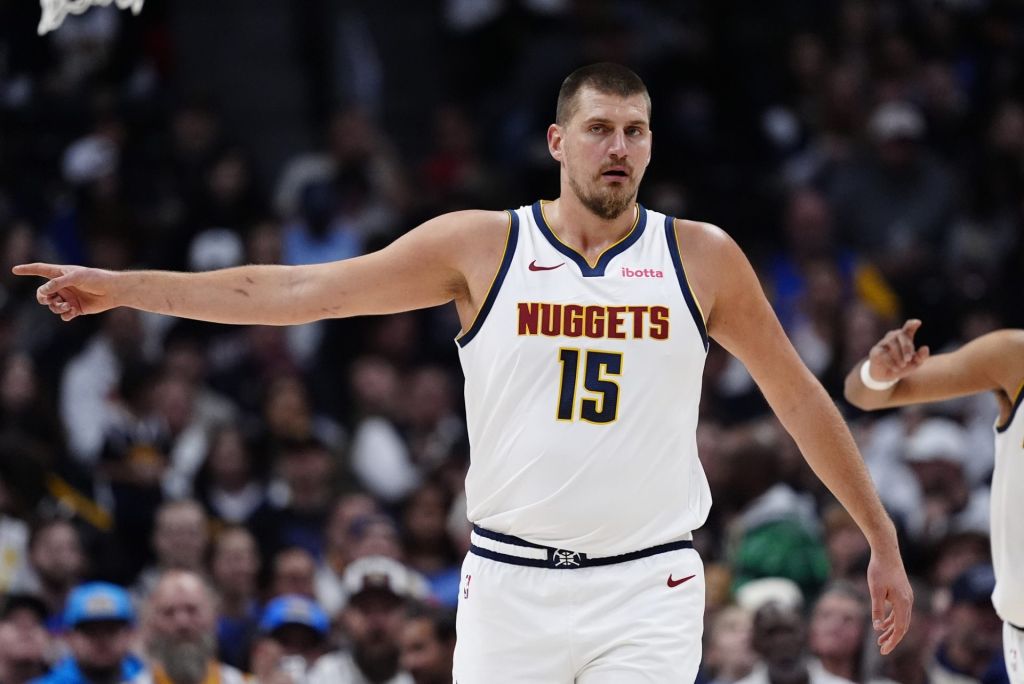 Nov 5, 2025; Denver, Colorado, USA; Denver Nuggets center Nikola Jokic (15) during the first quarter against the Miami Heat at Ball Arena.