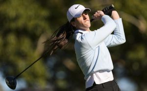 Nov 12, 2025; Belleair, Florida, USA; Indiana Fever guard Caitlin Clark (22) plays in the Annika Pro-Am golf tournament at Pelican Golf Club.