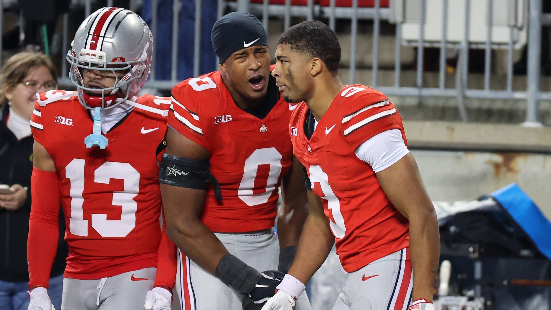 Nov 15, 2025; Columbus, Ohio, USA; Ohio State Buckeyes cornerback Lorenzo Styles Jr. (3) celebrates with his brother linebacker Sonny Styles (0) after his punt return for a touchdown during the third quarter against the UCLA Bruins at Ohio Stadium