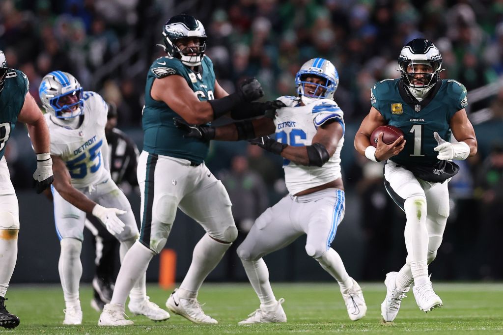 Nov 16, 2025; Philadelphia, Pennsylvania, USA; Philadelphia Eagles quarterback Jalen Hurts (1) rushes the ball against the Detroit Lions during the second half at Lincoln Financial Field.
