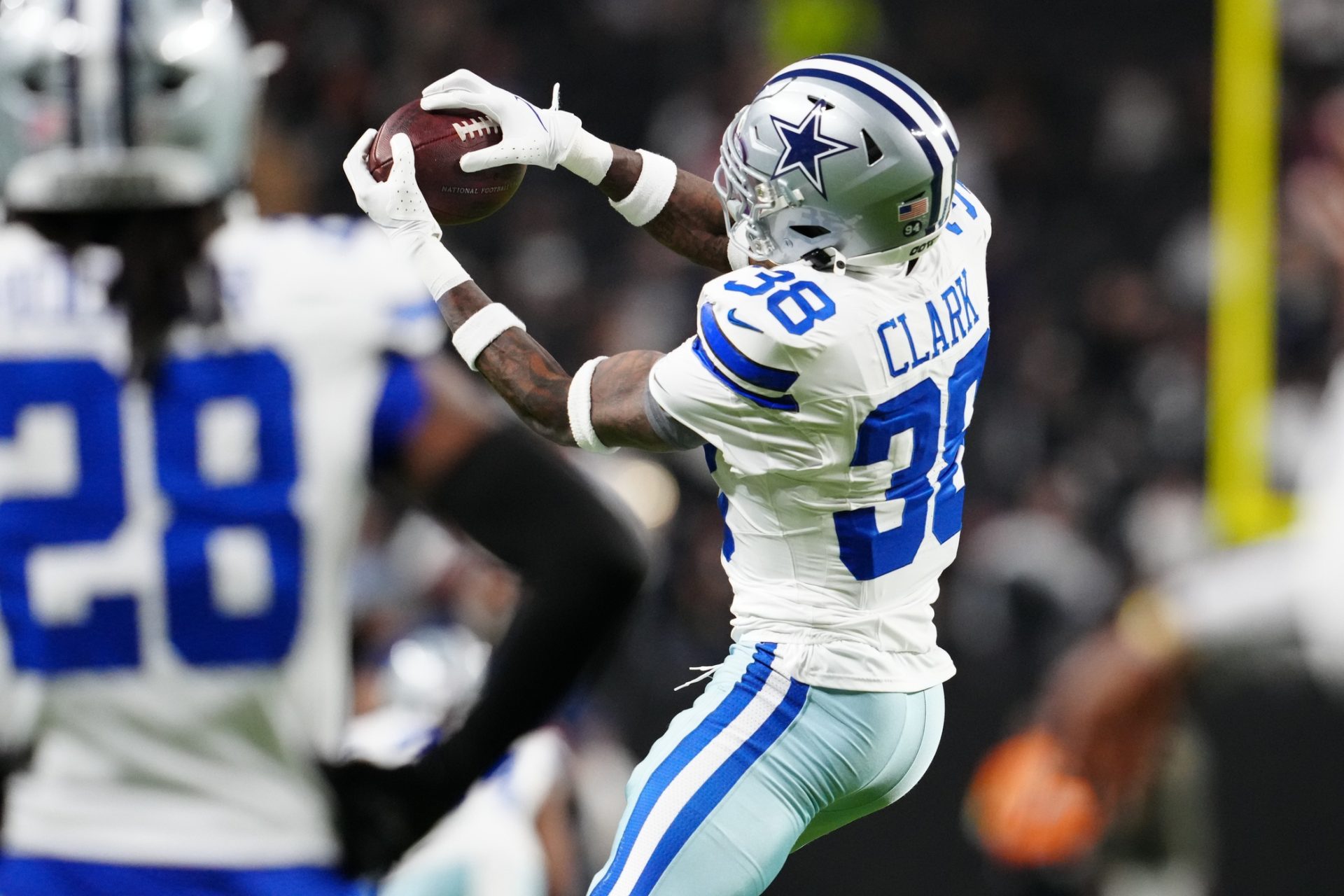 Nov 17, 2025; Paradise, Nevada, USA; Dallas Cowboys safety Alijah Clark (38) warms up prior to a game against the Las Vegas Raiders at Allegiant Stadium.