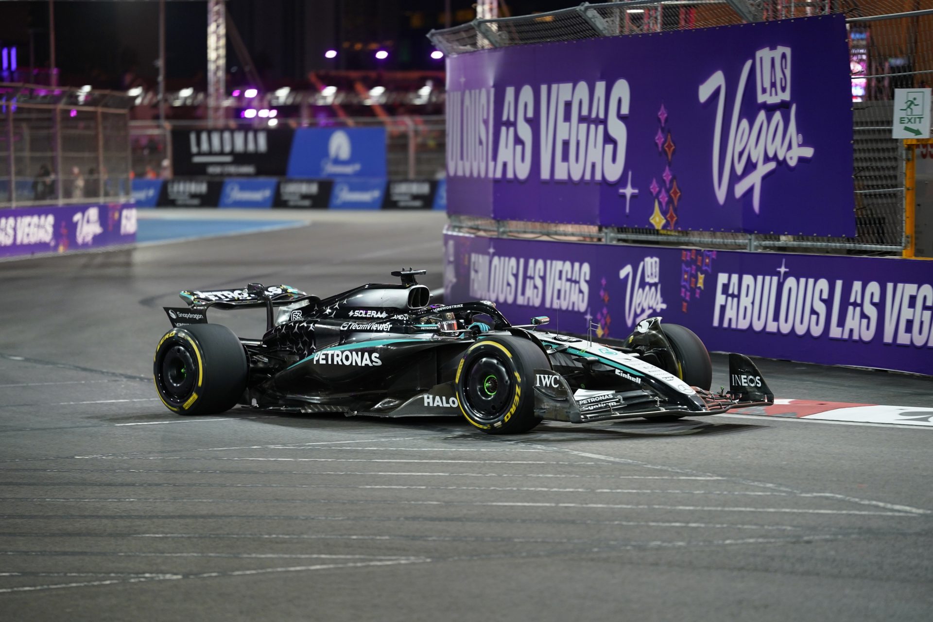 Nov 20, 2025; Las Vegas, NV, USA; Mercedes driver George Russell (63) drives during practice for the Formula 1 Heineken Silver Las Vegas Grand Prix 2025 at the Las Vegas Strip Circuit.