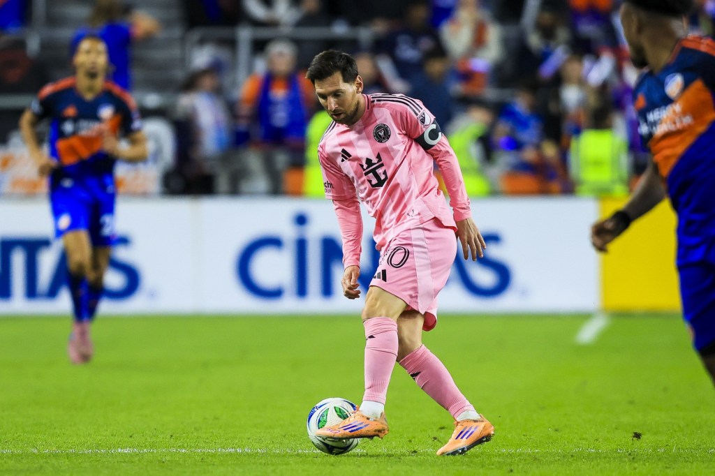 Nov 23, 2025; Cincinnati, Ohio, USA; Inter Miami CF forward Lionel Messi (10) dribbles against FC Cincinnati in the second half at TQL Stadium.