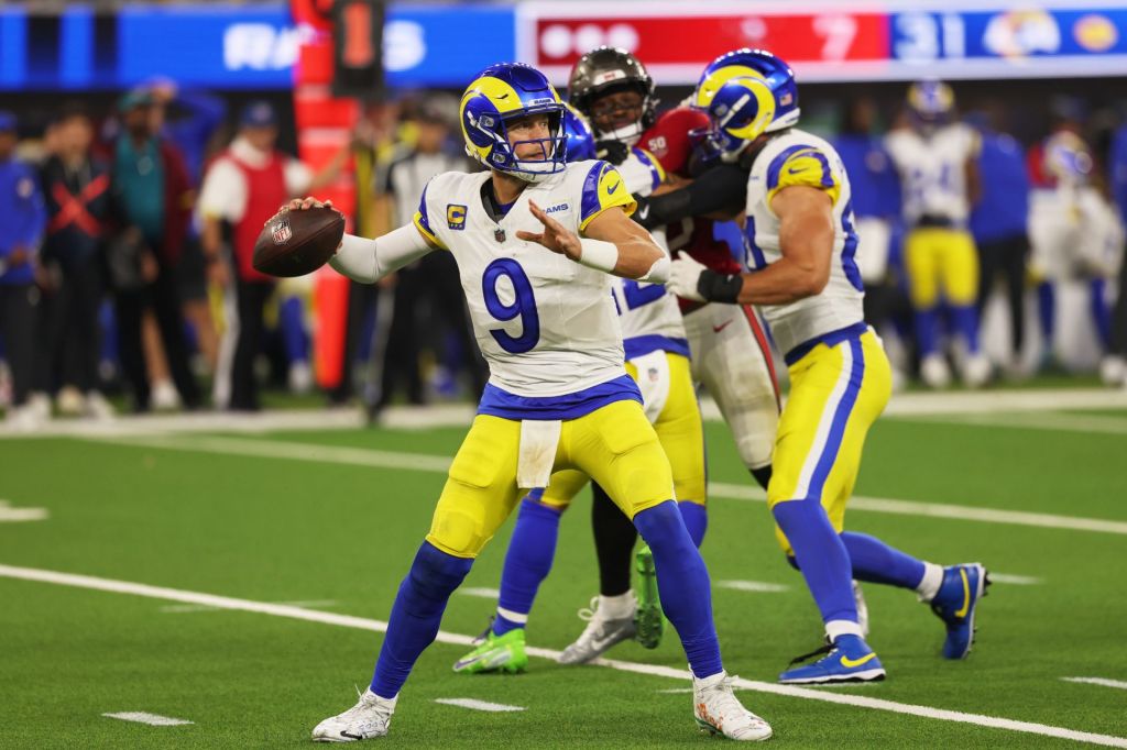 Nov 23, 2025; Inglewood, California, USA; Los Angeles Rams quarterback Matthew Stafford (9) throws a pass against the Tampa Bay Buccaneers during the fourth quarter at SoFi Stadium.