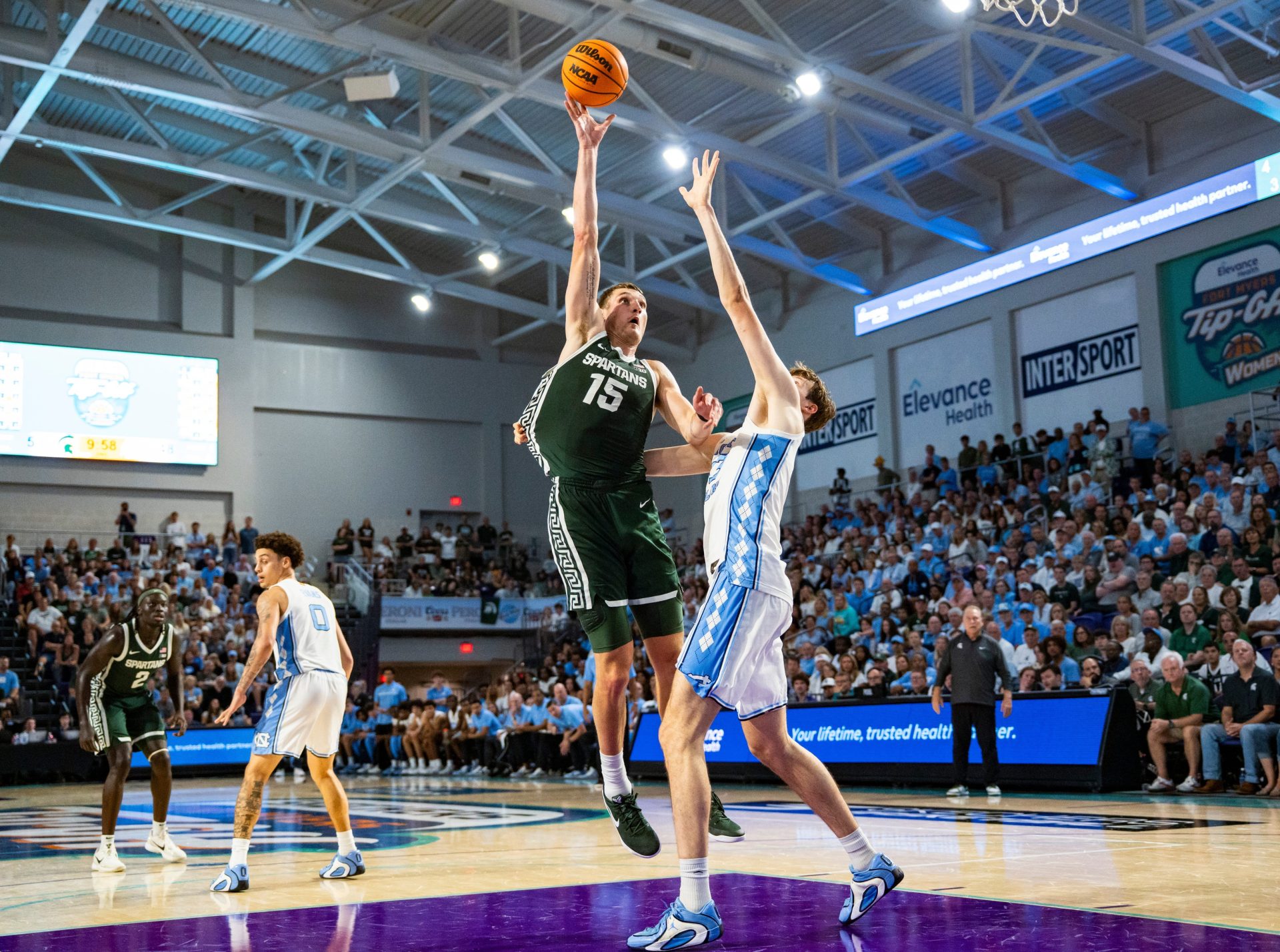 The Michigan State Spartans compete against the North Carolina Tar Heels in the Fort Myers Tip-Off Beach Division game at Suncoast Credit Union Arena on Fort Myers, Fla., on Thursday, Nov. 27, 2025.