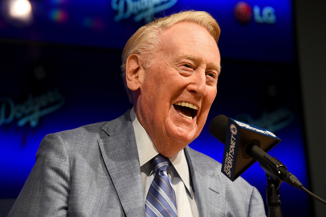 Sep 24, 2016; Los Angeles, CA, USA; Los Angeles Dodgers broadcaster Vin Scully talks to the media during a press conference before the game between the Los Angeles Dodgers and the Colorado Rockies at Dodger Stadium.