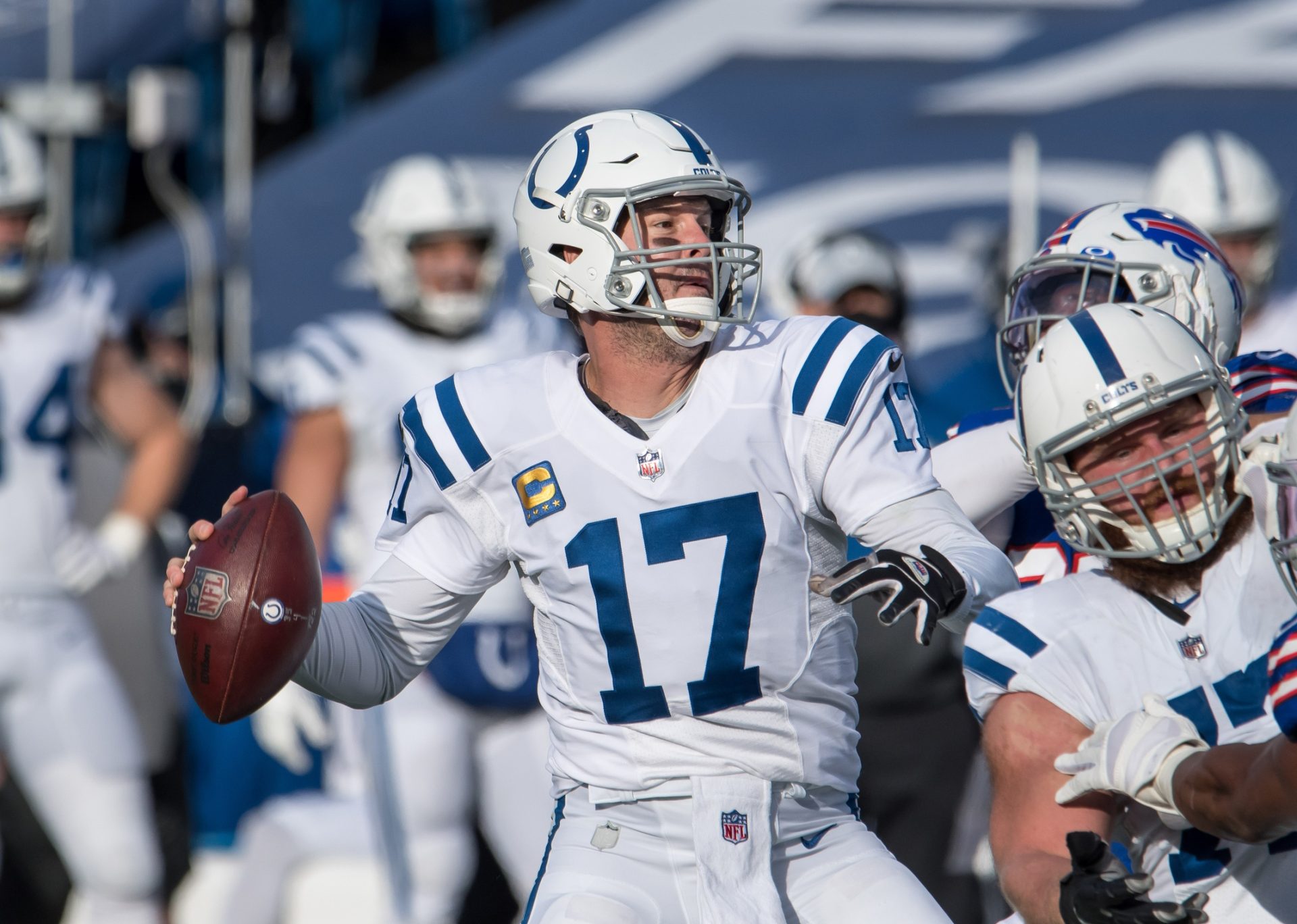 Jan 9, 2021; Orchard Park, New York, USA; Indianapolis Colts quarterback Philip Rivers (17) looks to throw a pass in the second quarter wildcard playoff game against the Buffalo Bills at Bills Stadium.