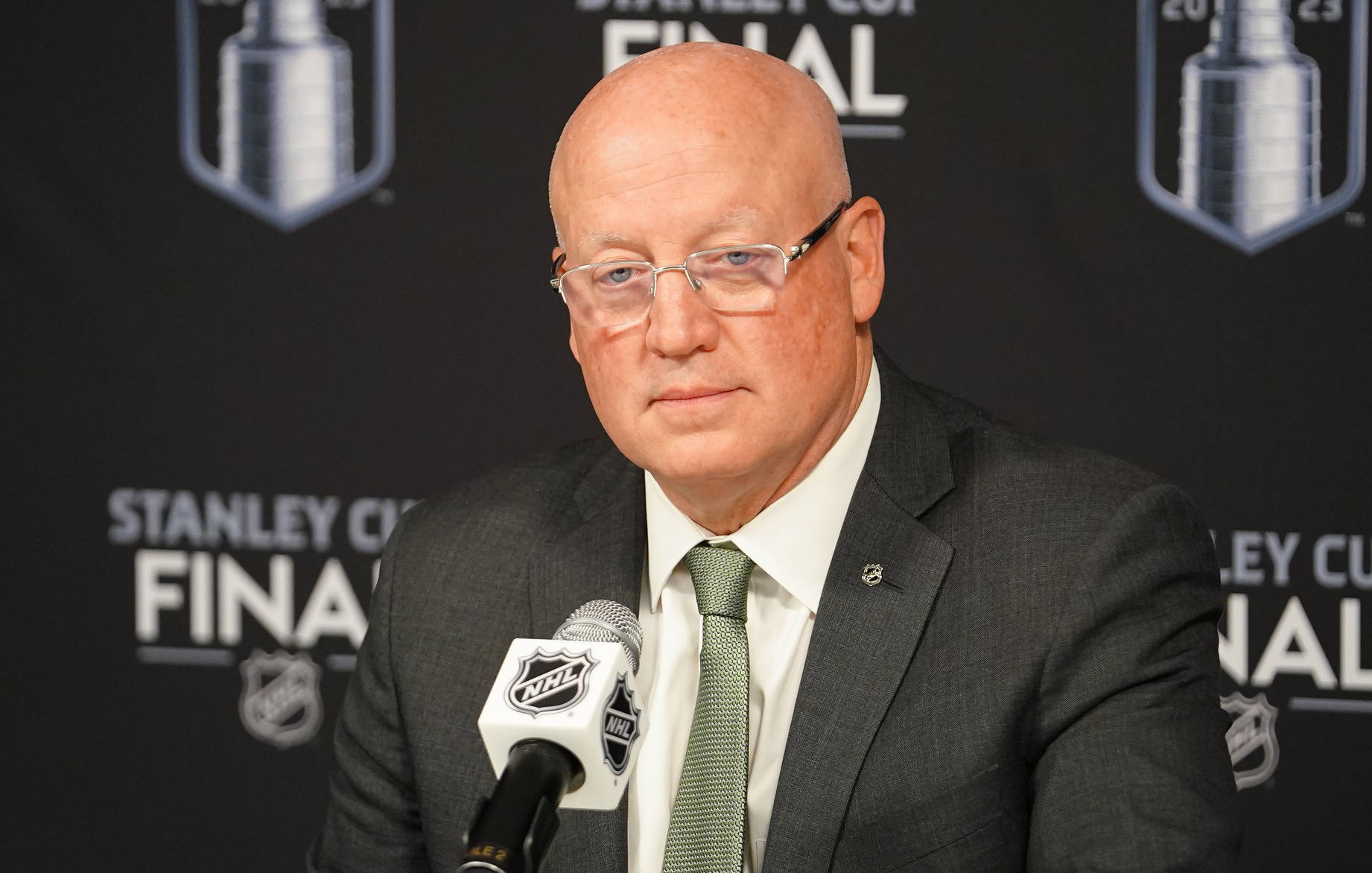 Jun 3, 2023; Las Vegas, Nevada, USA; NHL deputy commissioner Bill Daly speaks at a press conference before game one of the 2023 Stanley Cup Final between the Florida Panthers and Vegas Golden Knights at T-Mobile Arena.