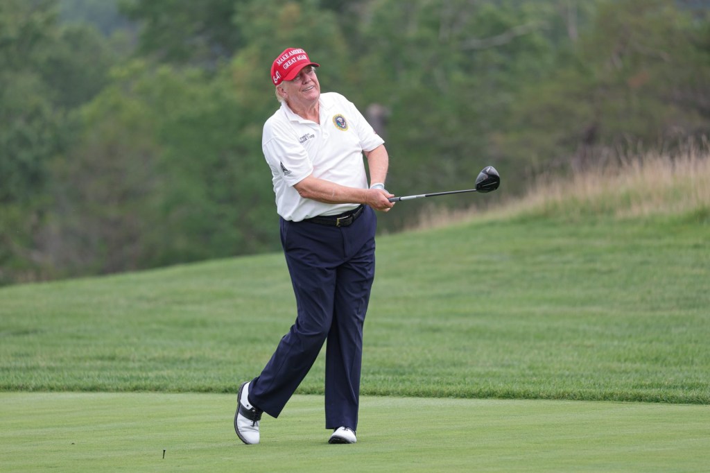 Aug 10, 2023; Bedminster, New Jersey, USA; Former President Donald Trump plays his shot from the ninth tee during the ProAm round of the LIV Golf Bedminster golf tournament at Trump National Bedminster.