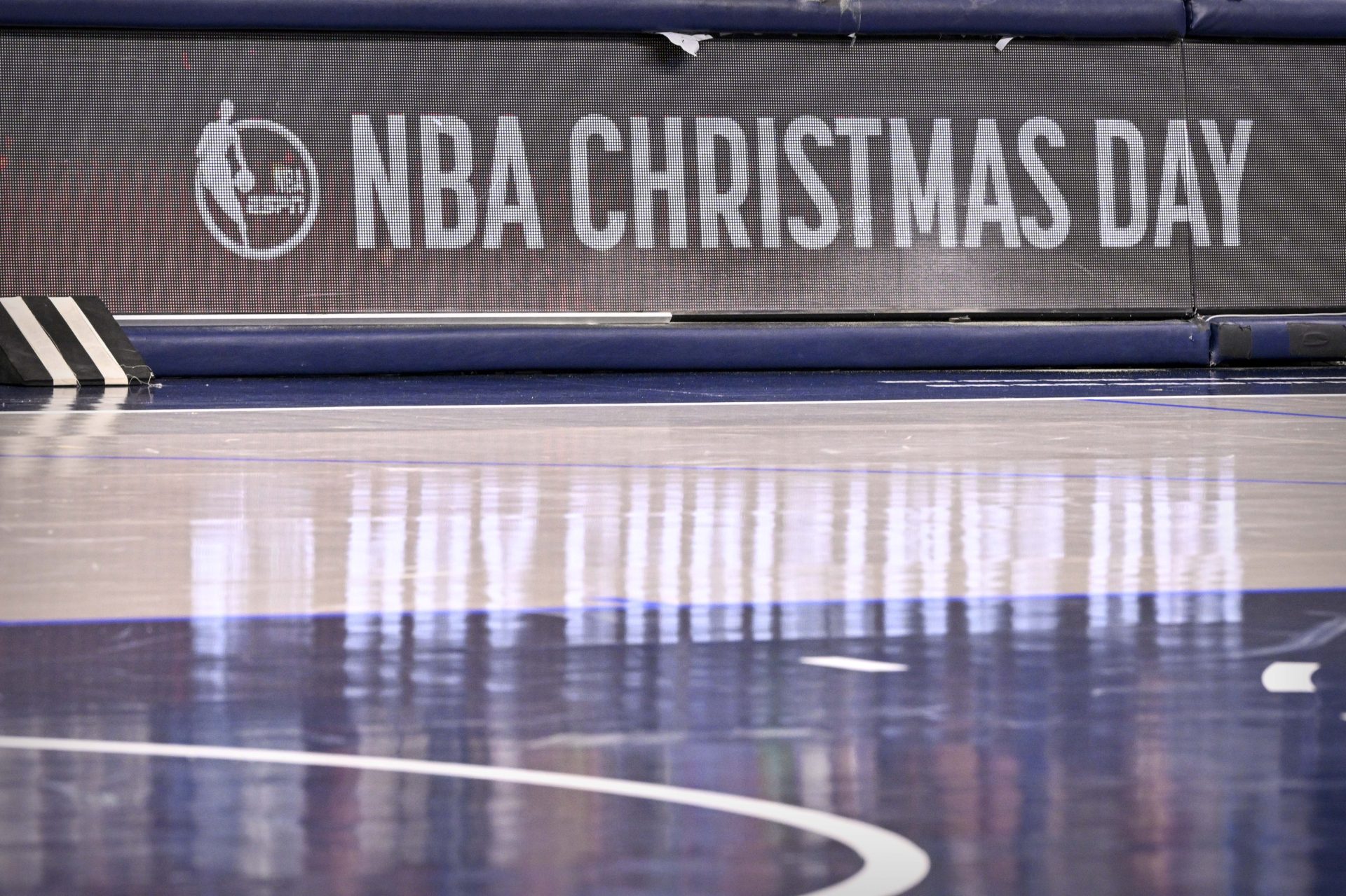 Dec 25, 2024; Dallas, Texas, USA; A view of the NBA Christmas Day logo during the second half of the game between the Dallas Mavericks and the Minnesota Timberwolves at the American Airlines Center.