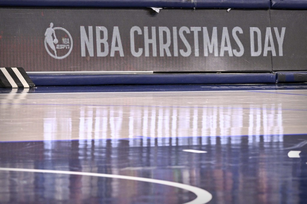Dec 25, 2024; Dallas, Texas, USA; A view of the NBA Christmas Day logo during the second half of the game between the Dallas Mavericks and the Minnesota Timberwolves at the American Airlines Center.