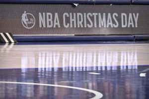 Dec 25, 2024; Dallas, Texas, USA; A view of the NBA Christmas Day logo during the second half of the game between the Dallas Mavericks and the Minnesota Timberwolves at the American Airlines Center.