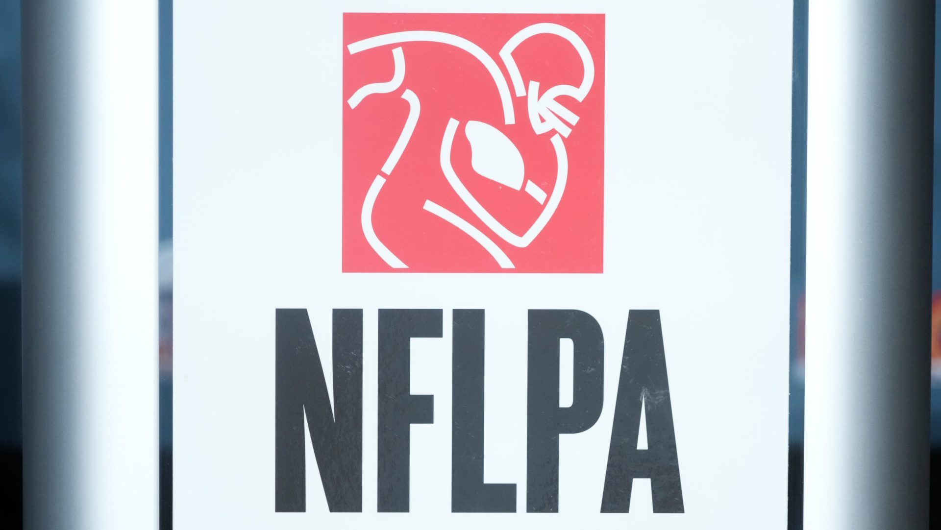 Feb 5, 2025; New Orleans, LA, USA; The NFLPA logo at press conference at the Super Bowl LIX media center at the Ernest N. Morial Convention Center.